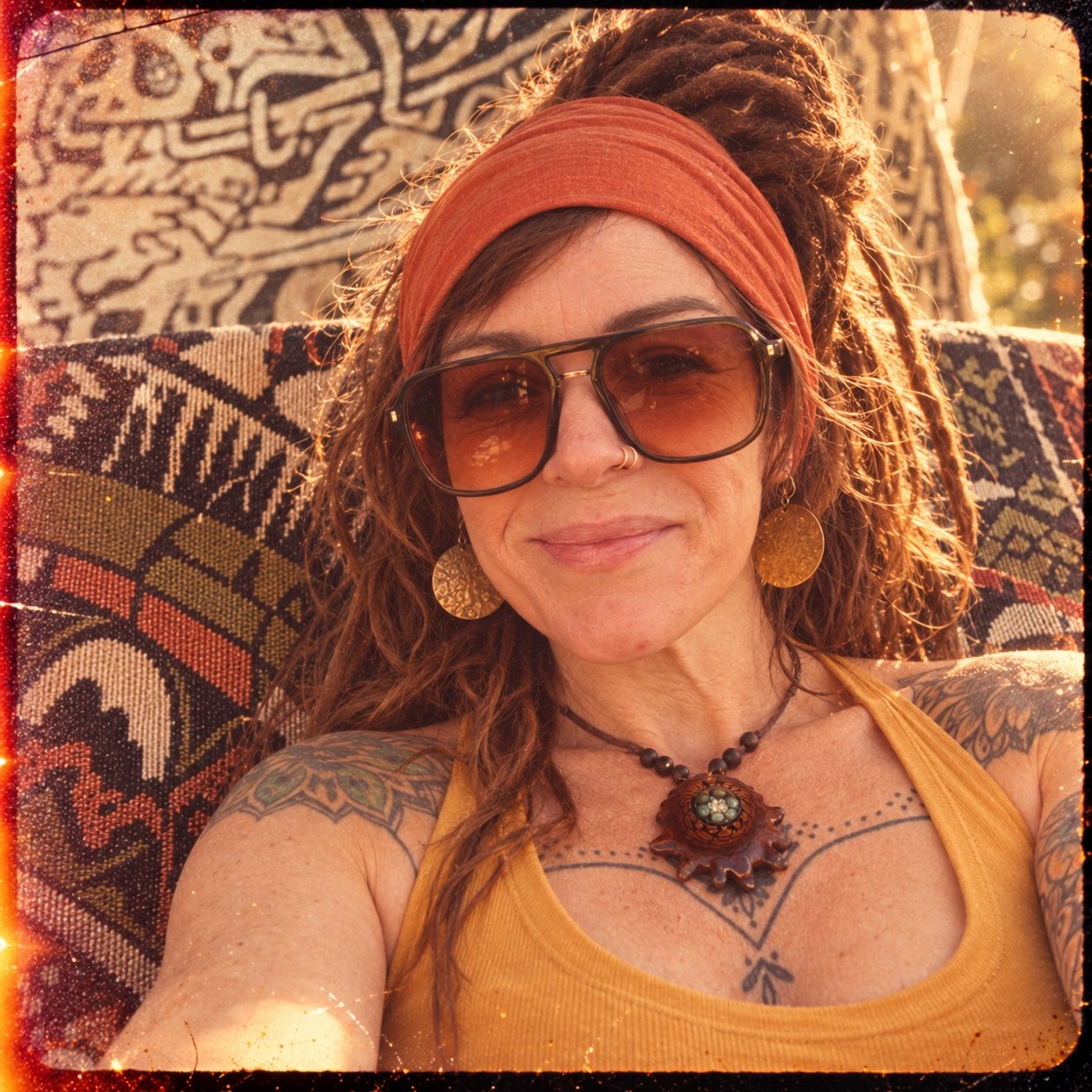 Kelli wearing an orange headwrap and amber sunglasses