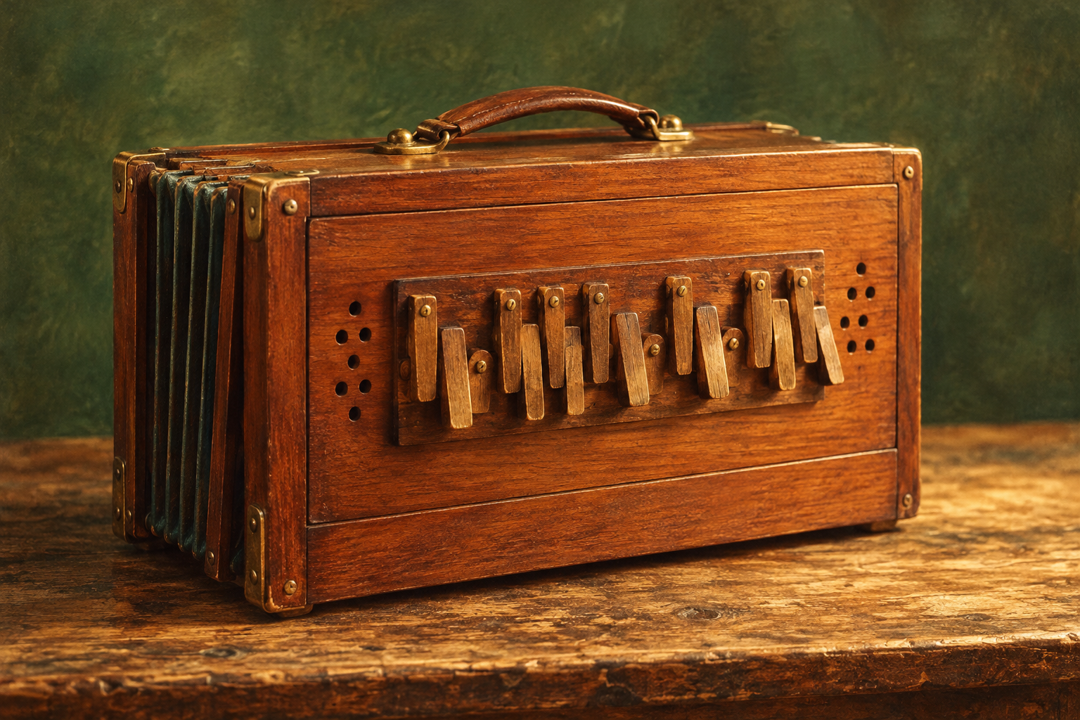 Warm vintage illustration of a wooden shruti box with bellows and note shutters